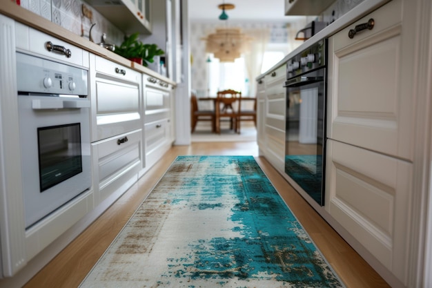 alfombra de cocina turquesa en la cocina con mostradores blancos