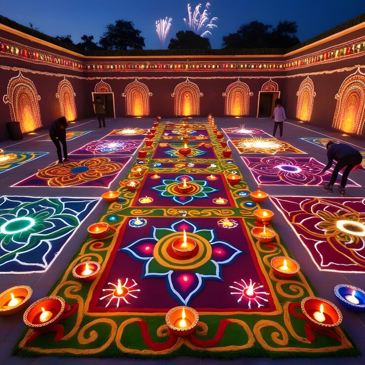 una alfombra colorida con un diseño en ella y personas en el fondo
