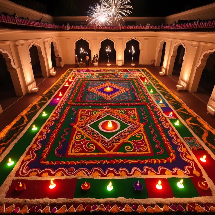 una alfombra colorida con una imagen de un fuegos artificiales en él