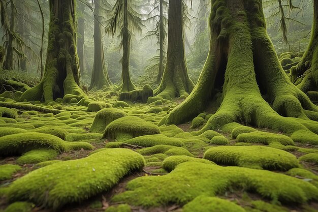 Una alfombra de delicado musgo ablandando el suelo del bosque bajo árboles antiguos