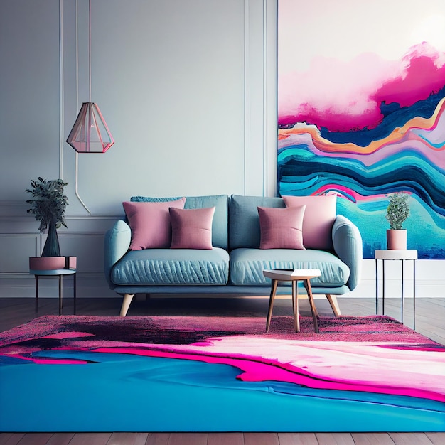 Alfombra estampada en el interior de la sala de estar rosa y azul con sofá contra la pared blanca con pintura