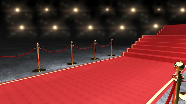 Alfombra de evento rojo, escalera y barrera de cuerda de oro Concepto de éxito y triunfo