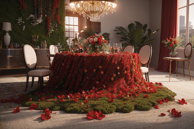 Una alfombra de flores rojas y musgo cuelga de la mesa