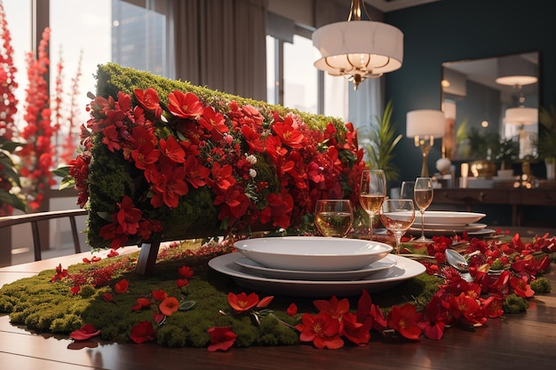 Una alfombra de flores rojas y musgo cuelga de la mesa