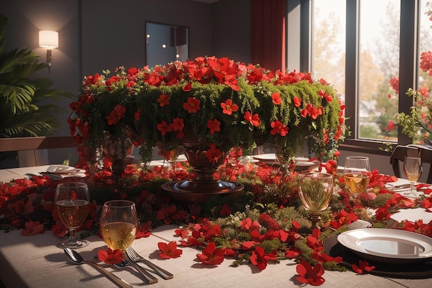 Una alfombra de flores rojas y musgo cuelga de la mesa