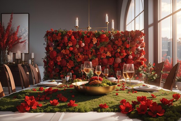 Una alfombra de flores rojas y musgo cuelga de la mesa