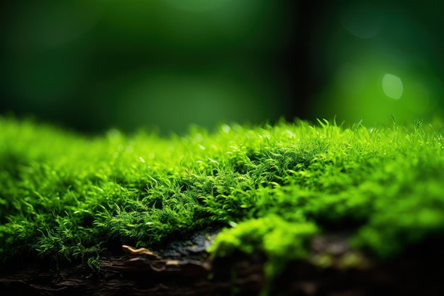 Una alfombra de musgo vibrante iluminada por la suave luz del sol que captura la complejidad de la naturaleza con un verde borroso