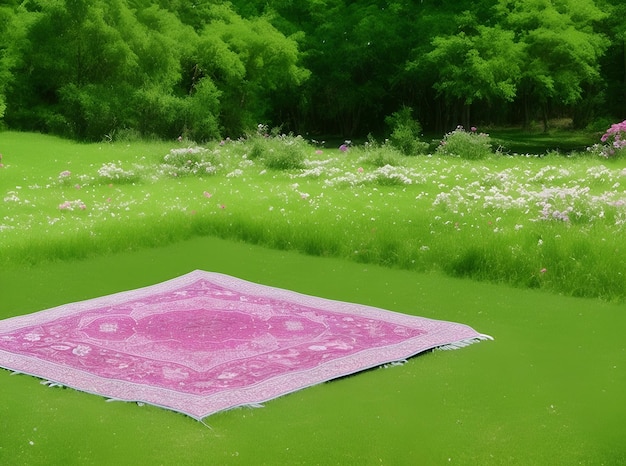 Una alfombra de oración en una hierba verde rodeada de árboles