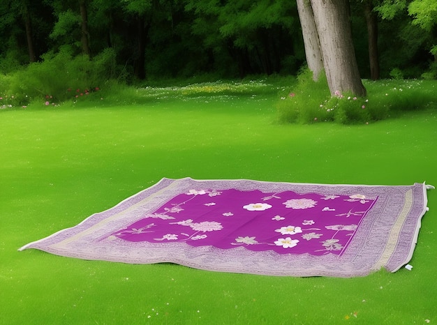 Una alfombra de oración en una hierba verde rodeada de árboles