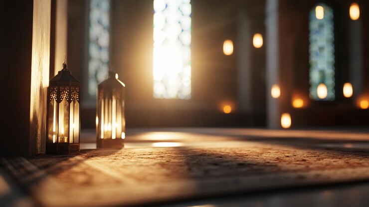 La alfombra de oración interior de la mezquita de vidrio teñido luz solar atmósfera pacífica para un fondo religioso