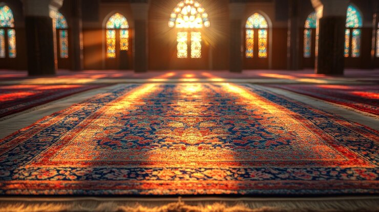 alfombra de oración en una mezquita iluminada por la luz del sol a través de vidrieras