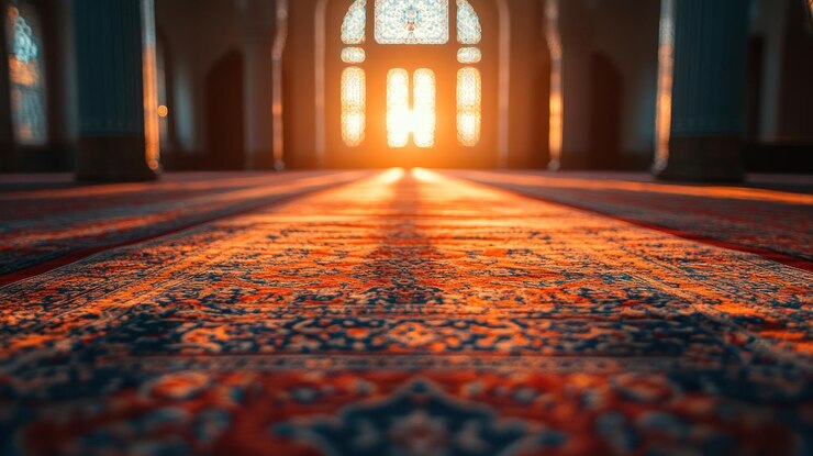 La alfombra de oración en una mezquita la luz del sol fluye a través de una ventana