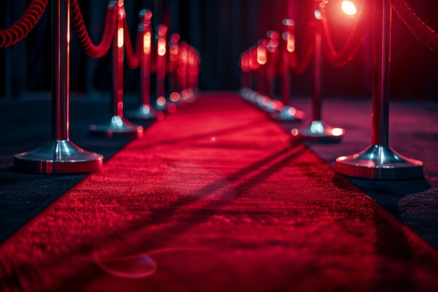 La alfombra roja alineada en una habitación oscura