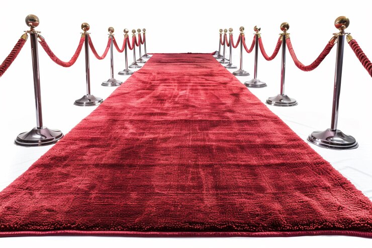 alfombra roja arafada con barreras de cuerdas y alfombra Roja generativa ai