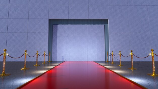 Foto alfombra roja con barreras doradas que conducen a la entrada de la gran pared renderización 3d