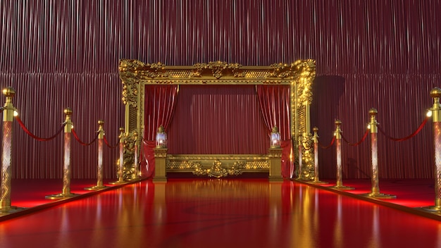 Foto alfombra roja con barreras doradas que conducen a un sillón real dorado con marco dorado renderizado en 3d