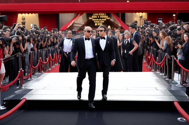 Foto la alfombra roja se despliega frente al glamuroso estreno de una película con paparazzi en el fondo