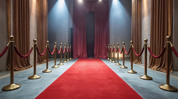 Alfombra roja Entrada al evento con barreras de cuerdas y postes de oro