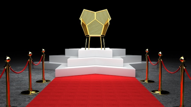 Alfombra roja, escalera y concepto de barrera de cuerda dorada y renderizado 3D de la silla King Throne