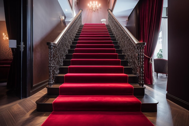Alfombra roja en las escaleras de un hotel