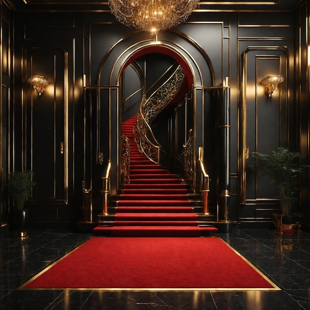 alfombra roja con escaleras negras pilares de oro