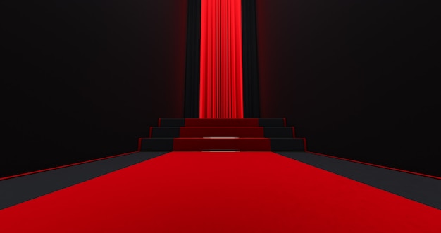 Alfombra roja en las escaleras sobre un fondo oscuro, el camino a la gloria, render 3D