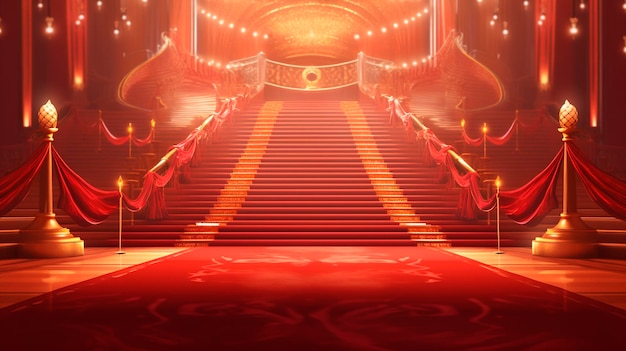 La alfombra roja, el escenario de Bollywood, los pasos de color marrón, la luz de los puntos, el telón de fondo de los premios Golden Regal, la IA generativa.