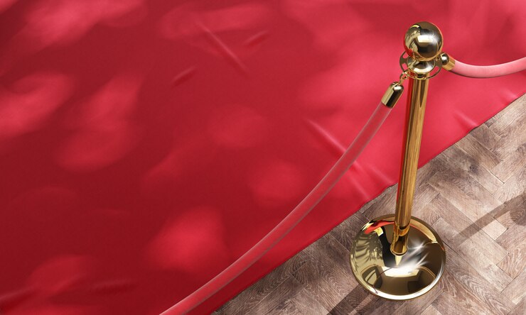 Alfombra roja para eventos y barrera dorada con cuerda roja 3d