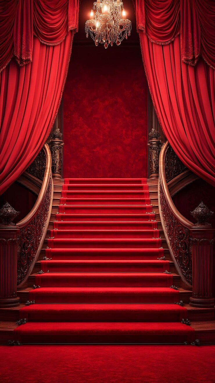 La alfombra roja, la gran escalera, el diseño interior adornado.