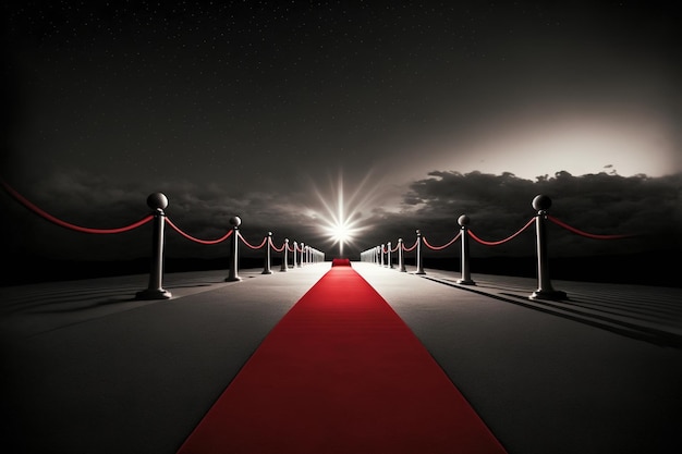 Alfombra roja que conduce a la puerta roja por la noche. representación 3D