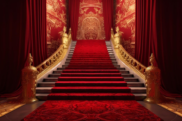 Alfombra roja en una sala de coronación con barandillas doradas y alfombra roja.