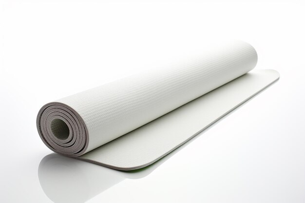 Una alfombra de yoga azul sobre un fondo blanco, toma de estudio aislada