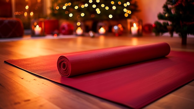 Foto una alfombra de yoga desenrollada en el suelo de madera en moderno en una gran sala de estar en casa decorado árbol de navidad es