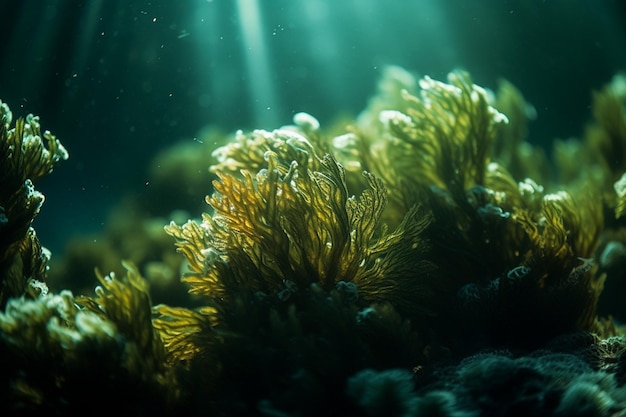 Un alga está bajo el agua en la oscuridad.