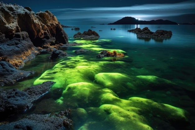 Foto algas bioluminiscentes que iluminan la costa rocosa creadas con ia generativa