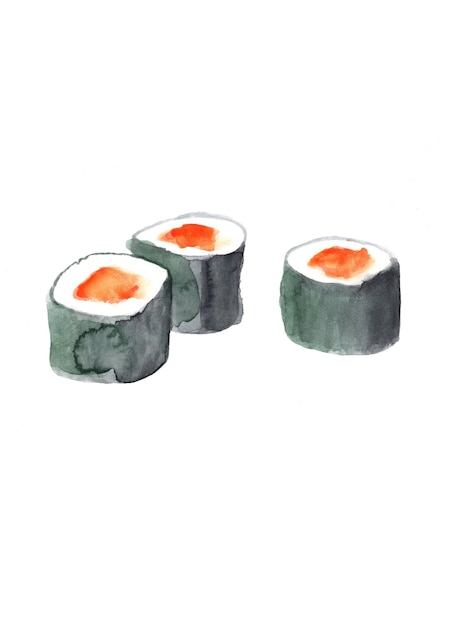 Algas e peixes de sushi de comida japonesa pintados em aquarela sobre fundo branco