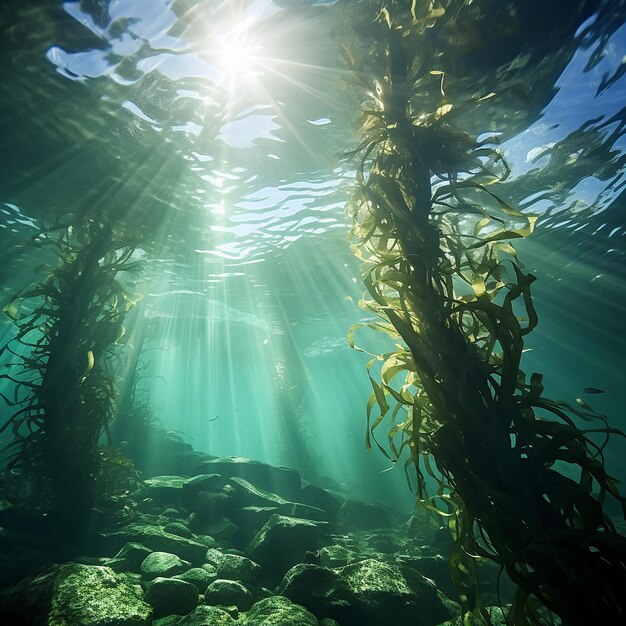 Algas gigantes estendendo-se em direção à luz solar filtrando as ondas