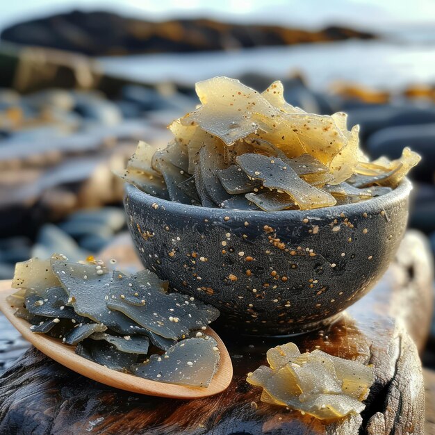 Foto algas marinhas secas colhidas silvestres, utilizadas como suplemento alimentar