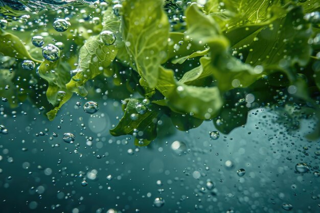 algas verdes ulva lactuca balançam debaixo d'água com bolhas