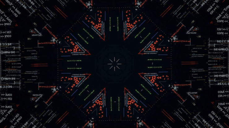 Foto álgebra de fórmula caleidoscópica abstracta y código de animación de código de computadora que se ejecuta en un