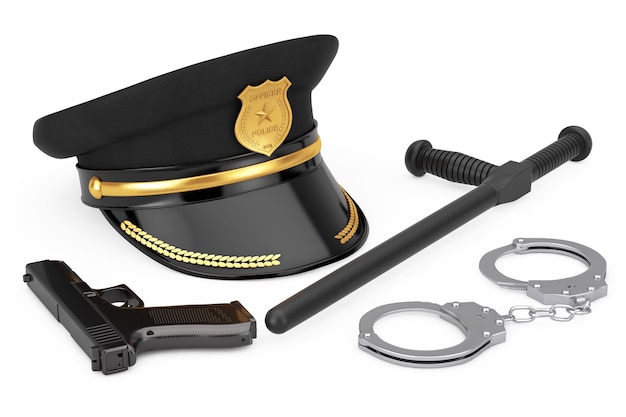 Algemas de metal, bastão de borracha preto ou cassetete, pistola de polícia metálica poderosa e chapéu de policial com distintivo dourado em um fundo branco. Renderização 3D