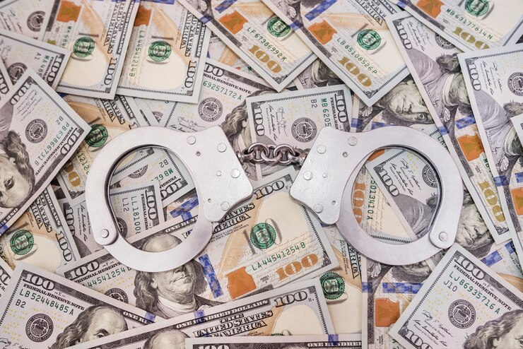 Foto algemas de prata e dólares americanos, conceito de crime.