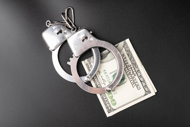 Algemas e prisão de lavagem de dinheiro de notas de 100 dólares por fraude de crime em dinheiro