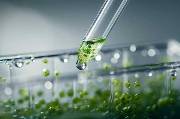 Foto algen plaint und pipette über ein probenrohr, bei dem chemische proben in grüne röhren abgeworfen werden biotechnologie