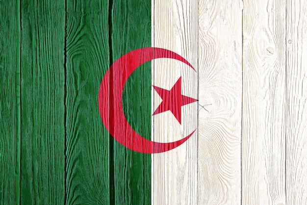 Algerien-Flagge gemalt auf altem Holzbrett Hintergrund Gebürstetes natürliches Licht geknotet Holzbrett Textur Hölzerne Textur Hintergrund Flagge von Algerien