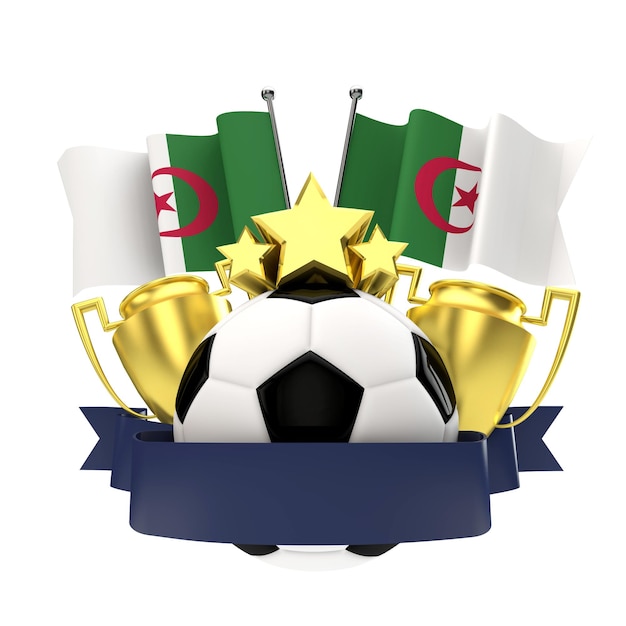 Algerien-Flaggen-Fußballsieger-Emblem mit Trophy-Stars-Ball und Band 3D-Rendering