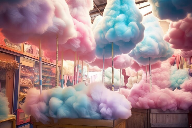 Foto algodón de azúcar de color pastel dispuesto en puesto de carnaval ia generativa