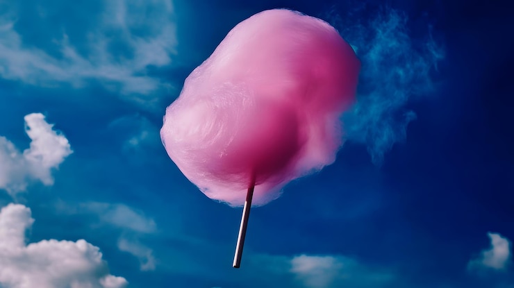 Foto un algodón de azúcar rosado esponjoso contra un cielo azul brillante y nubes blancas