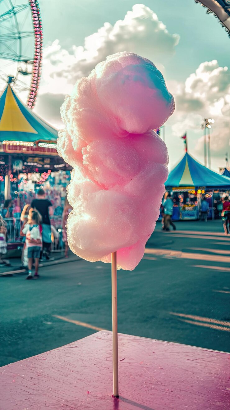 Foto el algodón de azúcar rosado esponjoso en el vibrante carnaval evoca alegría y nostalgia