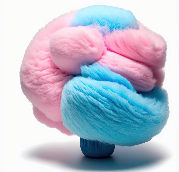 Foto algodón de azúcar en tonos de rosa y azul aislado sobre un fondo blanco.
